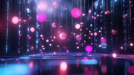 Poster - colorful floating spheres and lights create a vibrant digital atmosphere in a futuristic setting