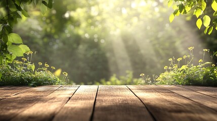 Poster - Empty wooden table illuminating by sunbeams in a green forest