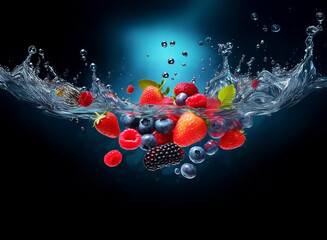 Poster - A vibrant mix of fresh berries strawberries, raspberries, blueberries, and blackberries plunges into sparkling water, creating a dynamic splash against a dark background.