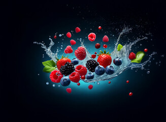 Poster - A vibrant splash of water encircles assorted berries strawberries, raspberries, blueberries, and blackberries floating against a dark background.  The scene is dynamic and full of juicy color.