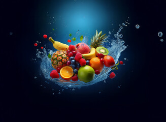 Poster - A vibrant mix of fresh fruits pineapple, banana, berries, and more explodes from a splash of water against a dark blue background.  The scene is dynamic and full of juicy color.