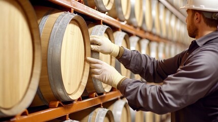 Aufkleber - In a rustic cellar, a worker inspects wooden barrels, ensuring the quality of the wine maturing inside.
