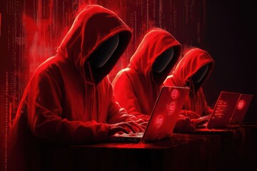 Poster - faceless hackers in red hoodies use laptops. digital symbols glow red. cybersecurity threat. dark te