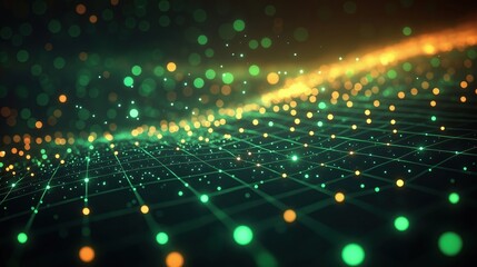 Poster - abstract digital tech background shows glowing green, yellow dots connected by lines. network design