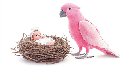 Adorable newborn baby girl with a pink bow resting in an organic nest next to a vibrant pink bird, symbolizing a whimsical and imaginative world of innocence.