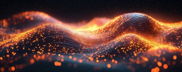Fototapete - Abstract image shows glowing optical fiber cables in orange light. Wavy lines of light fibers create dynamic patterns. Bokeh effect adds depth. Design evokes futuristic tech concept. Image suitable