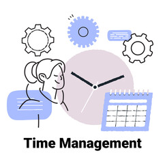 Poster - Time management concept with clock gears calendar and person in minimalist hand drawn style