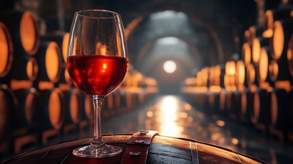 Aufkleber - A glass of deep red wine rests on a wooden barrel inside a dimly lit winery. The warm glow from the barrels illuminates the space, creating a tranquil atmosphere perfect for wine lovers to savor.