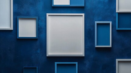 Aufkleber - Empty picture frames hanging on deep blue wall, modern interior design mockup