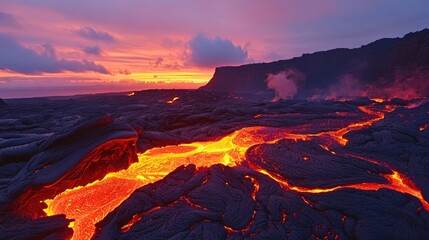 Canvas Print - Volcanic lava flows at sunset.