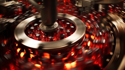 Aufkleber - Bottles filled with rich red wine travel swiftly through a production line at a winery. The setting showcases modern machinery designed for efficient bottling while maintaining quality.