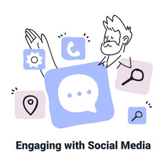Poster - Engaging with social media concept sketch style icons communication person smartphone apps minimalist