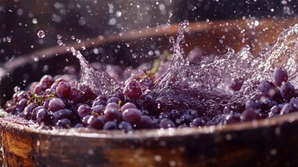 Aufkleber - Plump purple grapes are being washed in a wooden vat, creating splashes of water as they prepare for natural wine production. This activity showcases the vibrant color and freshness of the harvest.
