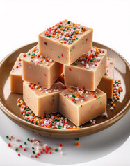 Wall Mural - A pile of golden fudge squares with colorful sprinkles on a plate