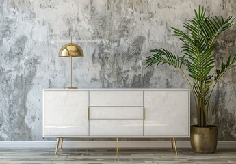 Poster - White sideboard with gold accents against a distressed concrete wall with a palm plant in a gold pot and gold lamp