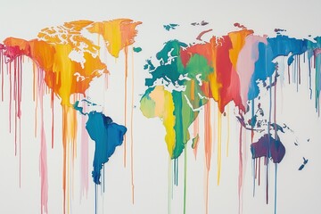 Wall Mural - A colorful world map with dripping paint, symbolizing diversity and creativity.