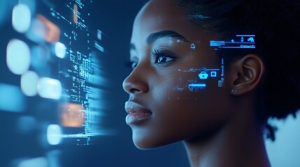 Poster - young woman engages with advanced technology and digital interfaces in a futuristic setting at night