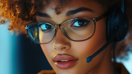 Aufkleber - Focused female dispatcher wearing headset and glasses working late night shift