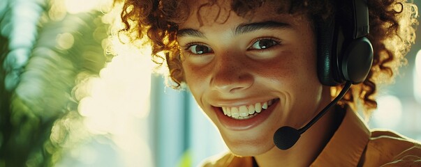 Poster - Friendly young male call center agent working remotely with headset