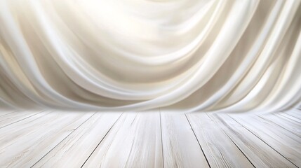 Poster - White silk drapes over wooden floor creating elegant backdrop