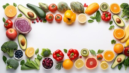  Fruit and vegetable frame, top view on isolated white background