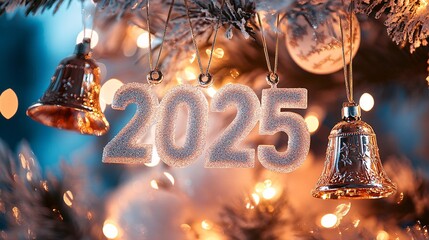 Aufkleber - Christmas bells and 2025 sign hanging on decorated christmas tree