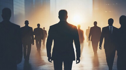 Poster - Businessman leading a group of business people towards the light in a city