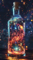 Wall Mural - cosmic elixir: a mesmerizing digital art piece depicting a glass bottle containing a vibrant nebula,