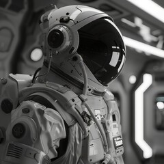Wall Mural - astronaut in spacecraft: close-up of an astronaut's helmet and spacesuit inside a futuristic spacecr