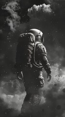 Wall Mural - astronaut in the void: a solitary astronaut stands against a backdrop of swirling clouds and etherea
