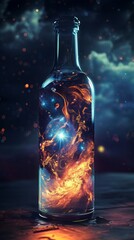Wall Mural - cosmic in a bottle: a mesmerizing digital art piece depicting a glass bottle containing a vibrant ne