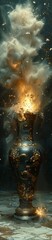Wall Mural - Celestial Urn: Mystical artwork of an ornate urn emitting celestial light and swirling clouds, evoking dreams and wonder.  