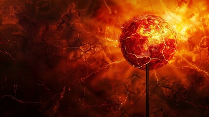 Wall Mural - fiery orb of power: a fiery sphere crackles with energy, perched atop a dark, ominous stand, engulfe
