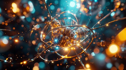 Wall Mural - Atomic Fusion: Abstract digital art depicting a vibrant atomic structure with glowing energy trails, creating a mesmerizing visual of scientific innovation and cosmic energy.