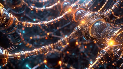Wall Mural - Cybernetic Web: Glowing, intricate network of metallic structures and glowing nodes. Abstract digital art, perfect for tech, sci-fi, and futuristic themes.