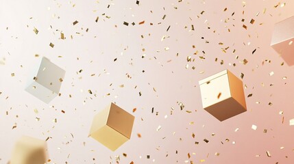 Aufkleber - Gold and white cubes rotating on pink background with falling confetti