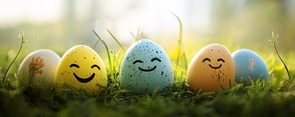 Wall Mural - Happy easter eggs hiding in green grass smiling at sunrise