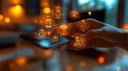Poster - Person engages with smartphone displaying glowing digital icons in a cozy indoor setting