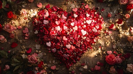 Poster - Big heart made of red and pink roses and small hearts lying on the ground