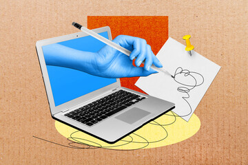 Aufkleber - Composite trend artwork 3D sketch photo collage of one hand appear computer monitor work laptop remote hold pencil write paint picture