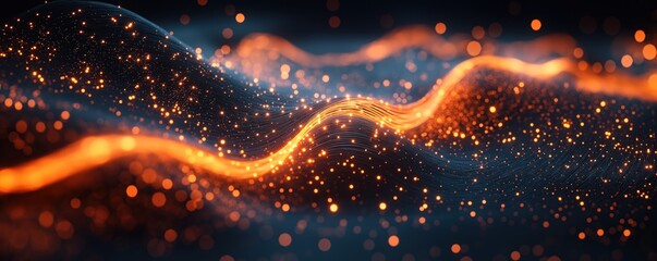 Poster - abstract illustration of optical fiber cables glowing with orange light, bokeh effect. dynamic wavy 