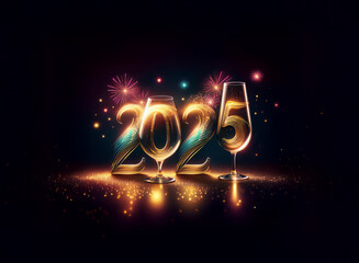 Poster - Glowing 2025 digits, crafted from champagne flutes, sparkle against a dark background, accented by celebratory fireworks.  A perfect New Year's greeting.
