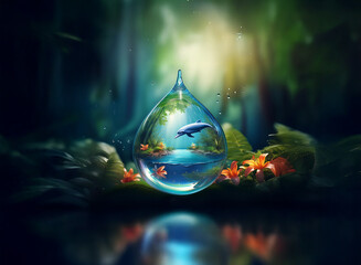 Poster - A luminous water droplet, mirroring a tranquil underwater scene with a dolphin and tropical flora, rests amidst lush forest foliage.  The image evokes a sense of wonder and the interconnectedness of n