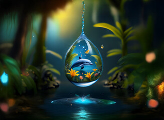 Aufkleber - A magical water droplet hangs in a lush forest, containing a dolphin and vibrant flowers.  Its gentle glow illuminates the tranquil scene.
