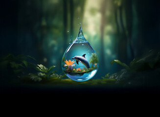 Aufkleber - A magical water droplet rests on moss,  enclosing a dolphin and aquatic plants within a dark, lush forest setting.  Surreal and enchanting.