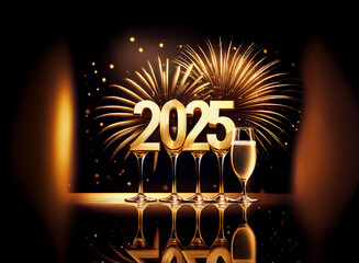 Aufkleber - Golden 2025 numerals atop champagne flutes against a shimmering, firework-filled midnight background.  A celebratory New Year's Eve scene.