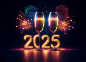 Aufkleber - Two champagne flutes filled to the brim, glowing against a dark background with vibrant fireworks and the illuminated number 2025.  A celebratory New Year's scene.
