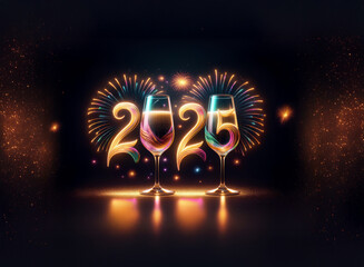 Aufkleber - Sparkling 2025 new year's eve design with champagne flutes and vibrant fireworks.  A celebratory image perfect for holiday cards or digital backgrounds.