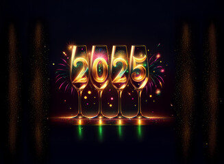 Aufkleber - Glowing 2025 in champagne flutes, surrounded by celebratory fireworks and sparkling lights against a dark background.  A festive New Year's image.