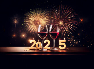 Aufkleber - Two wine glasses filled with red wine stand before gold 2025 candles, set against a backdrop of vibrant fireworks.  A celebratory New Year's Eve scene.
